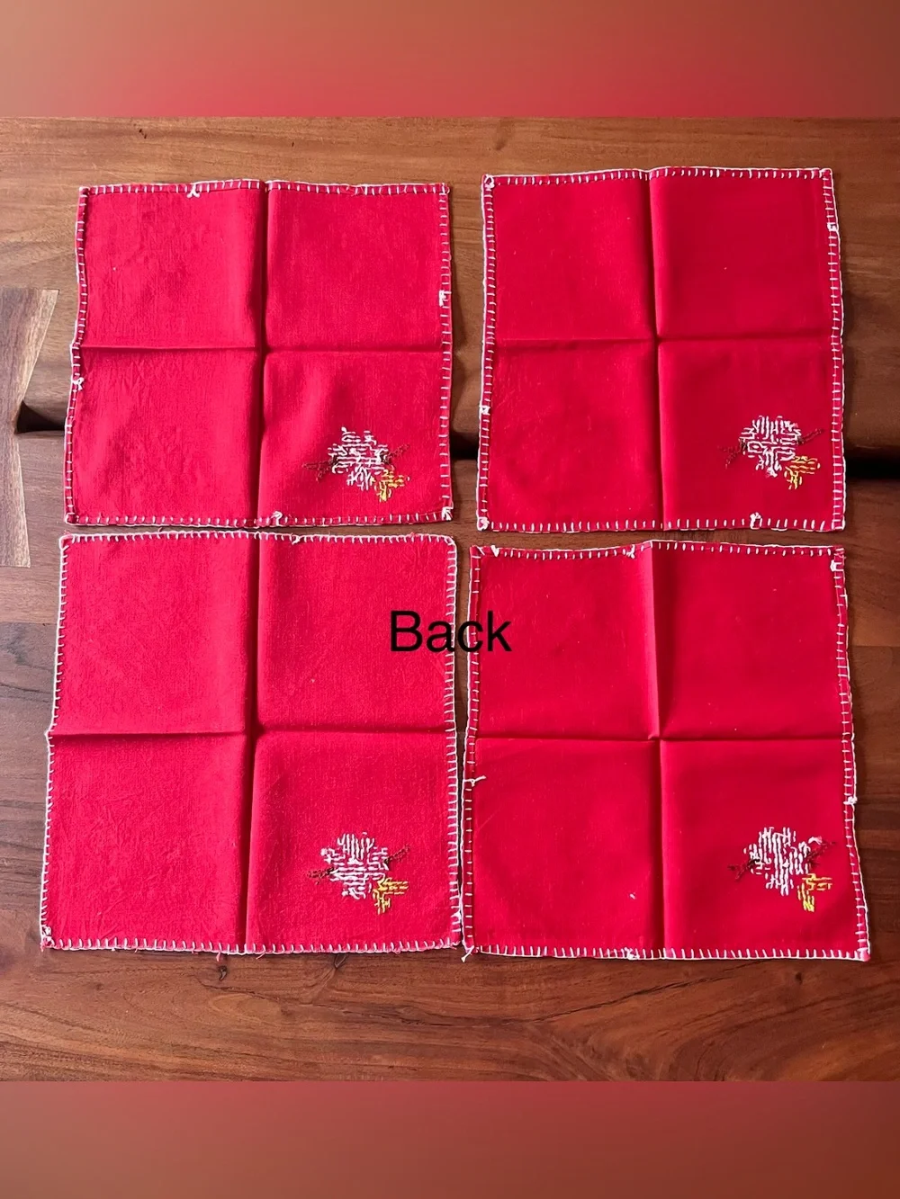 Vintage Tablecloth and 4 Napkin Set 33”Square Red Embroidered Flowers MCM